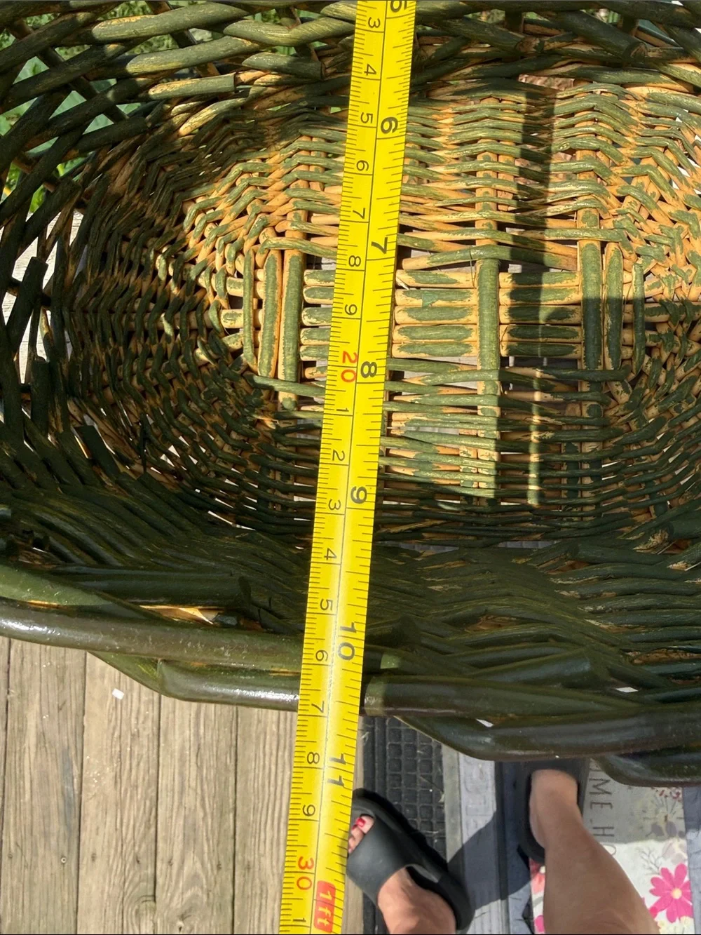 Handwoven Green Wicker Basket with Handle hand painted